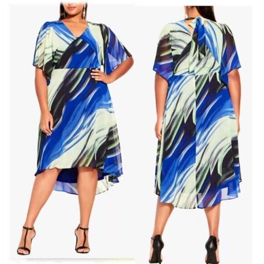 CITY CHIC Sheer Overlay Size 12 High-lo‎ Dress Geometric Evening Party Blue $129